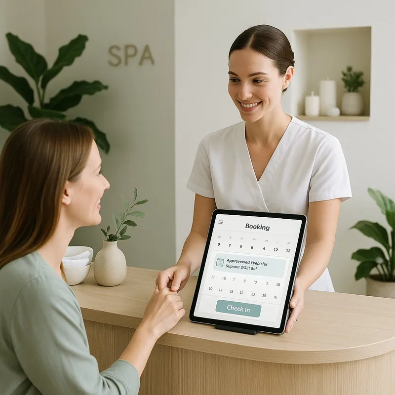Nhân viên spa hỗ trợ khách hàng đặt lịch trên máy tính bảng
